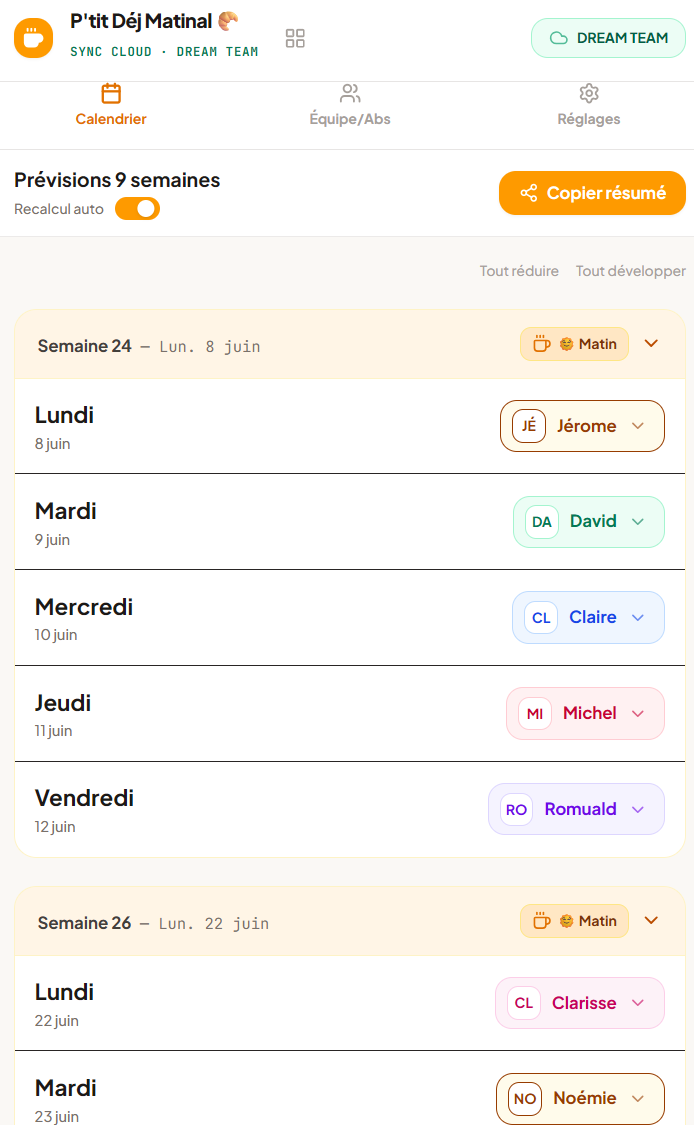 Le planning de la semaine, clair et lisible